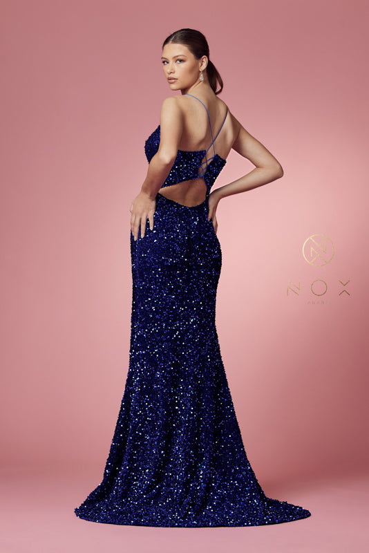 NOX ANABEL R433 Fitted Velvet Slit Sequin Gown