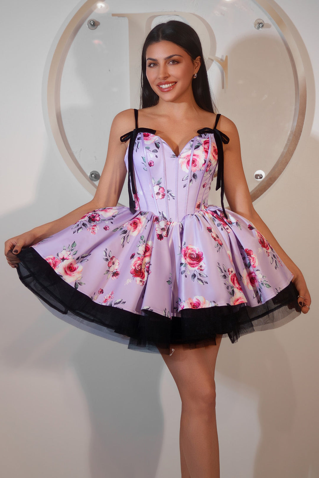 Portia & Scarlett PS25765 Floral Print Corseted Mini Prom Dress