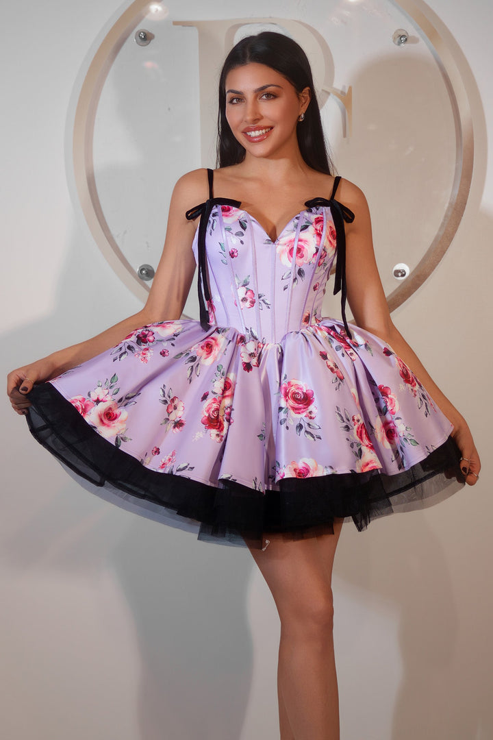 Portia & Scarlett PS25765 Floral Print Corseted Mini Prom Dress