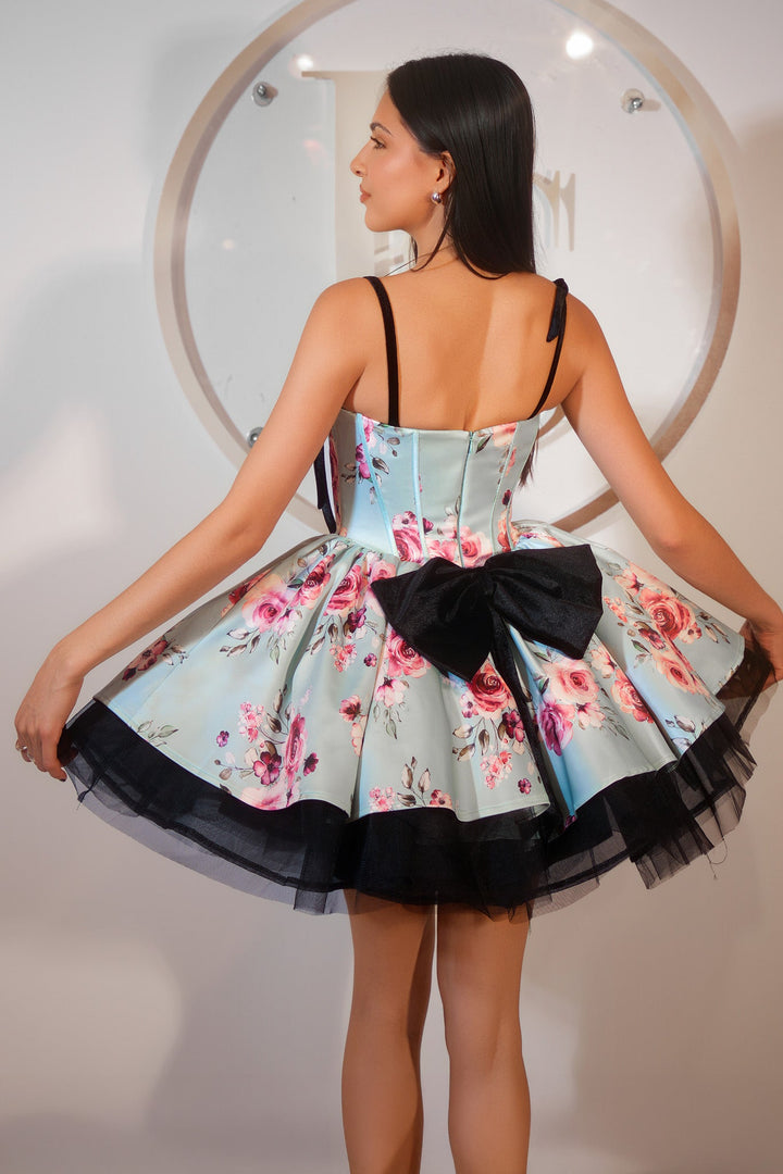 Portia & Scarlett PS25765 Floral Print Corseted Mini Prom Dress
