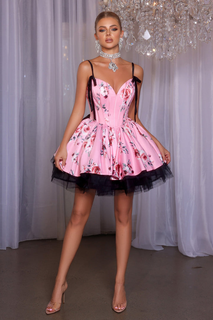 Portia & Scarlett PS25765 Floral Print Corseted Mini Prom Dress