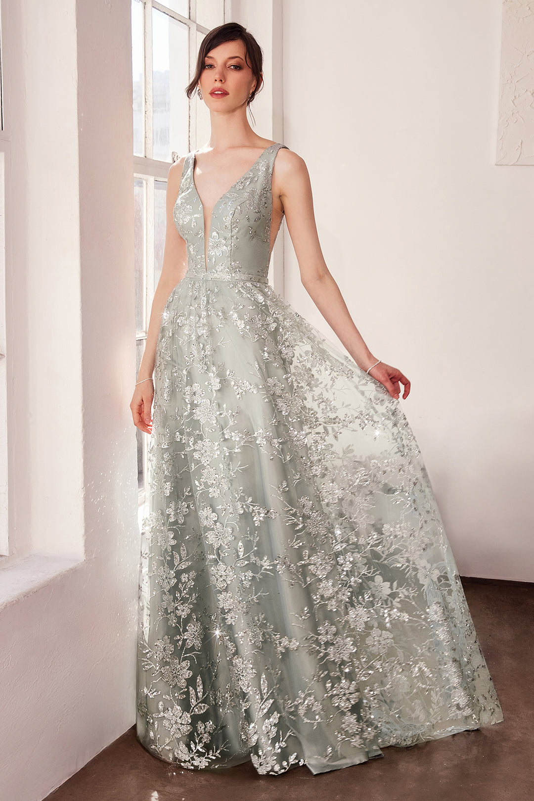 Amoris T606 Evening Gown with Deep V Neckline