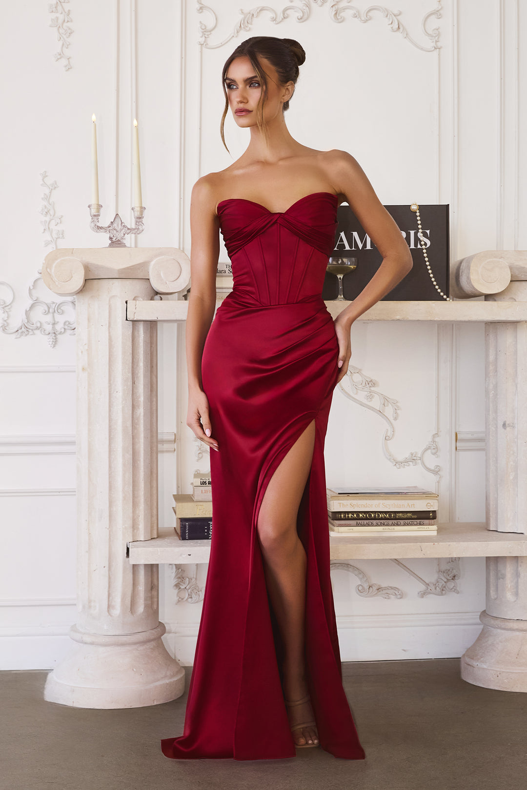 Amoris T611 Strapless Satin Evening Gown with High Side Slit
