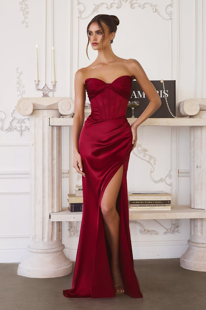 Amoris T611 Strapless Satin Evening Gown with High Side Slit