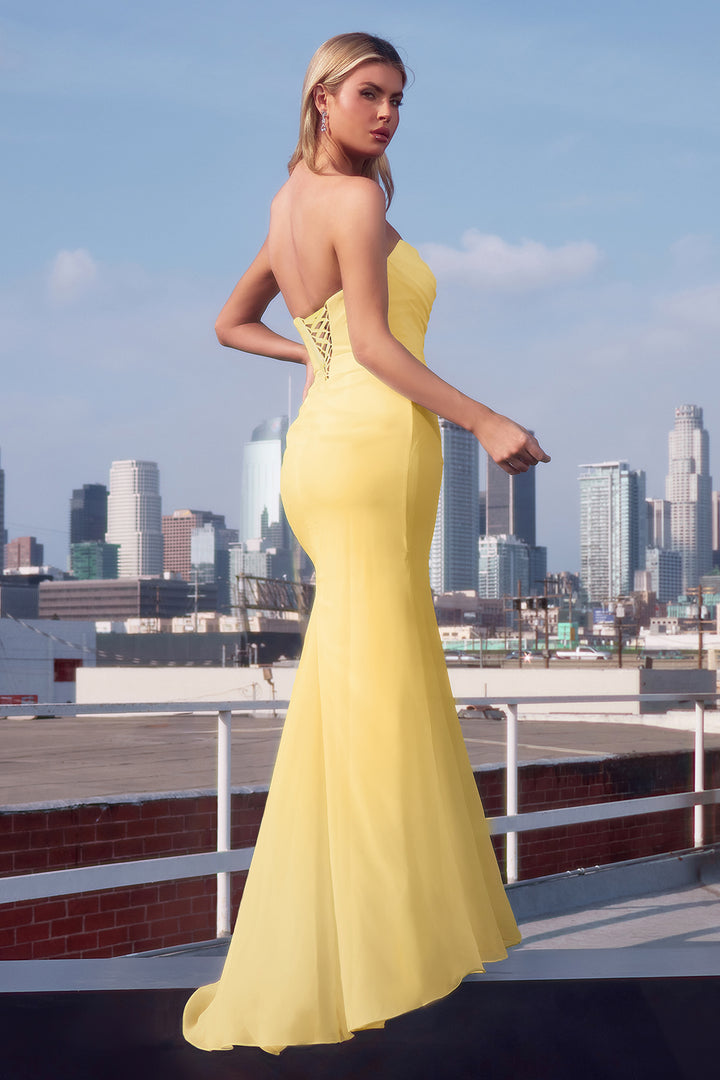 Amoris T702 Strapless Fitted Evening Gown in Draped Chiffon