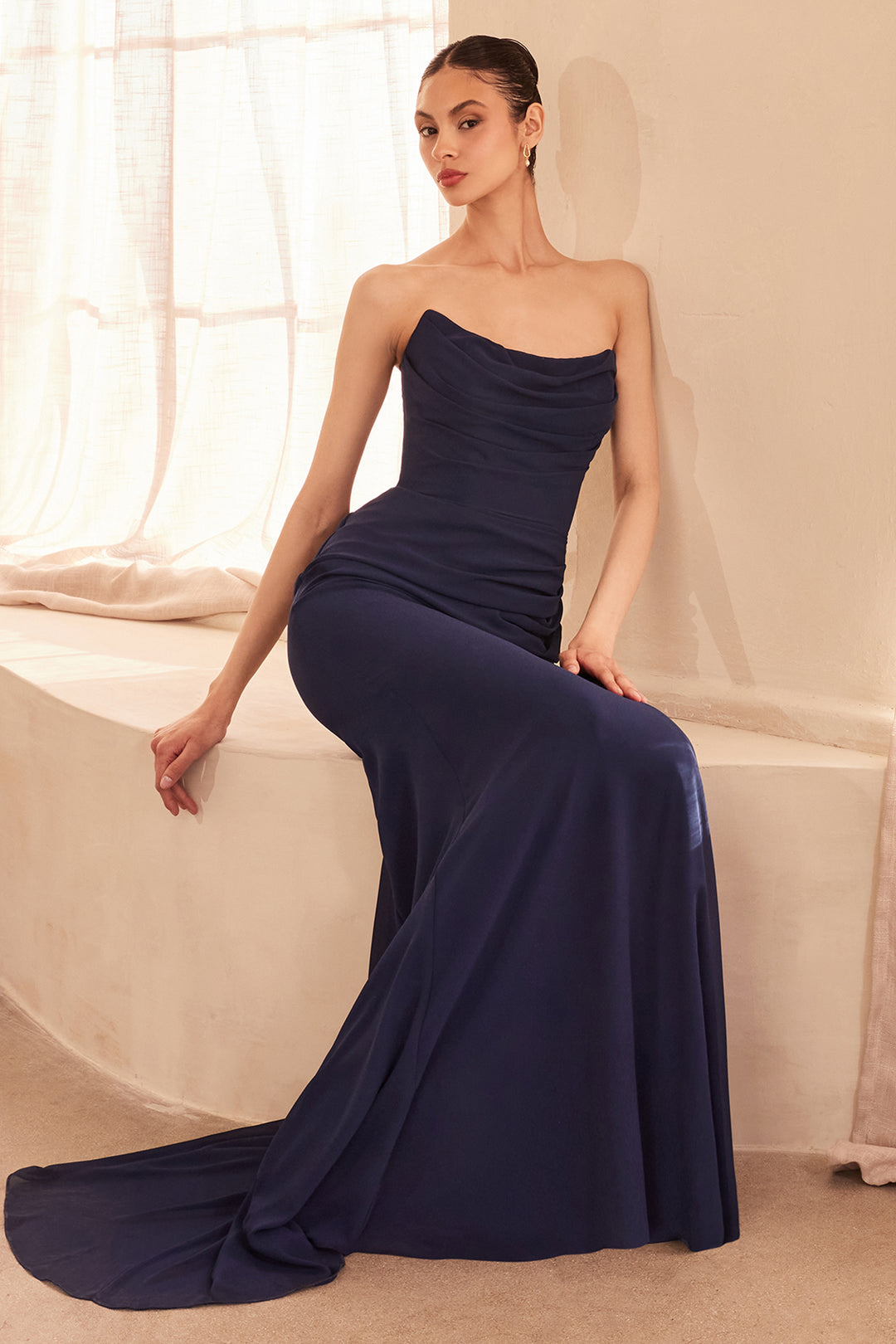 Amoris T702 Strapless Fitted Evening Gown in Draped Chiffon