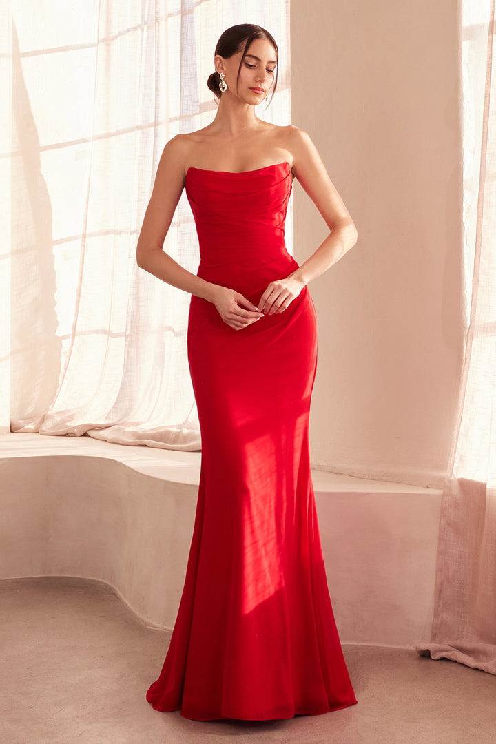Amoris T702 Strapless Fitted Evening Gown in Draped Chiffon