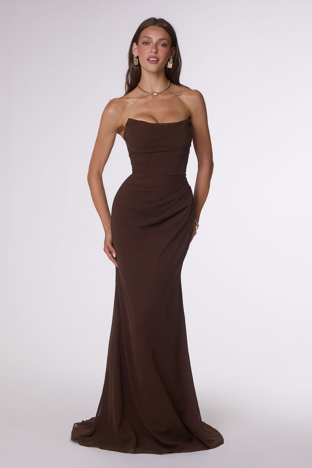 Amoris T702 Strapless Fitted Evening Gown in Draped Chiffon
