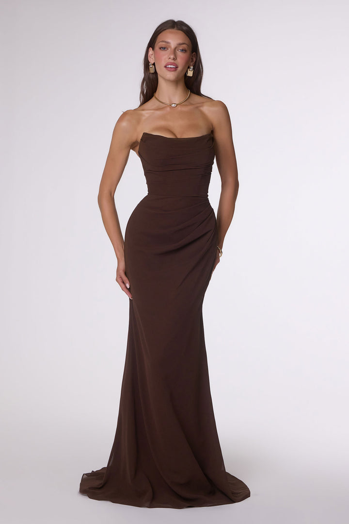 Amoris T702 Strapless Fitted Evening Gown in Draped Chiffon