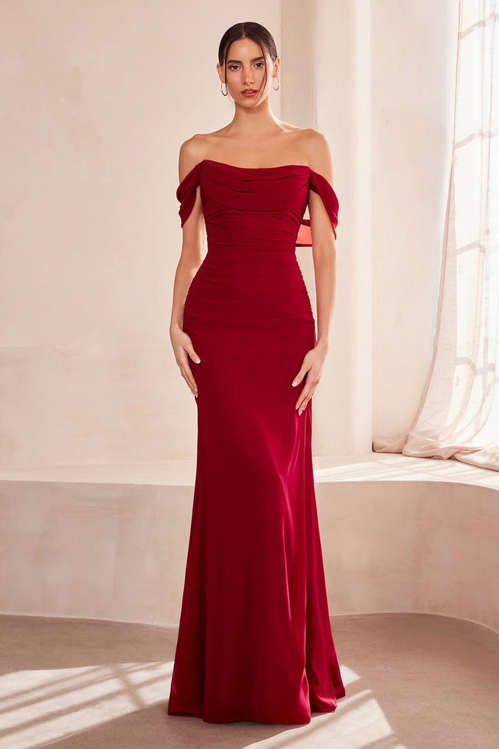 Amoris T705 Fitted Evening Gown with Off-the-Shoulder Neckline