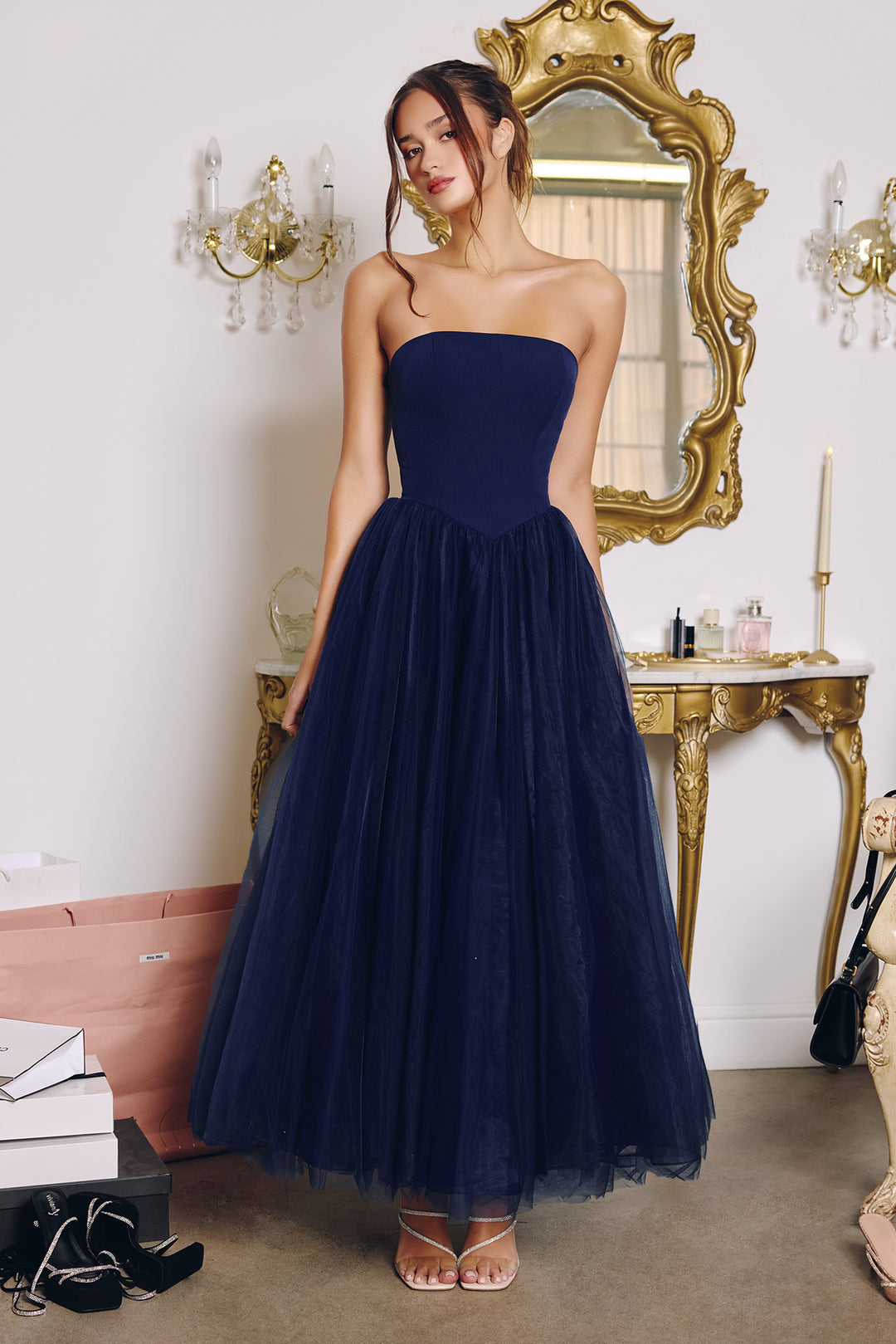 Amoris T712 A-Line Evening Gown with Strapless Bodice
