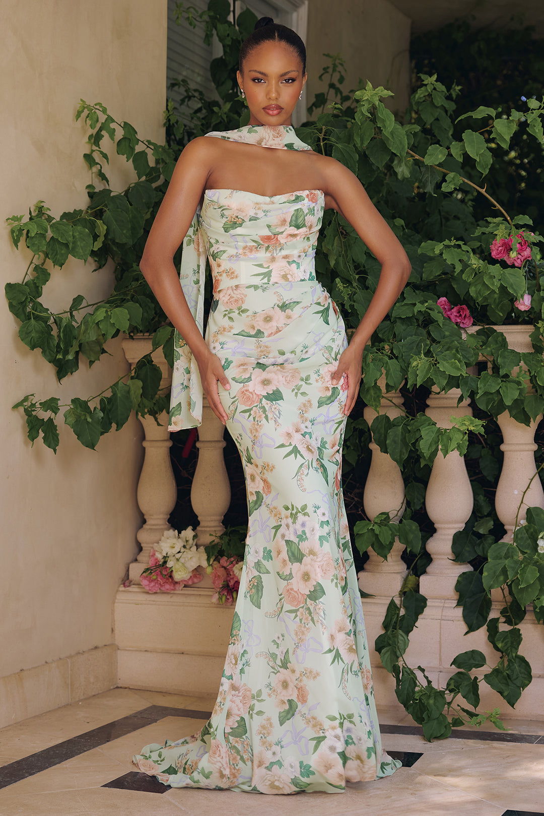 Amoris T718 Floral Chiffon Evening Gown with Flared Hem