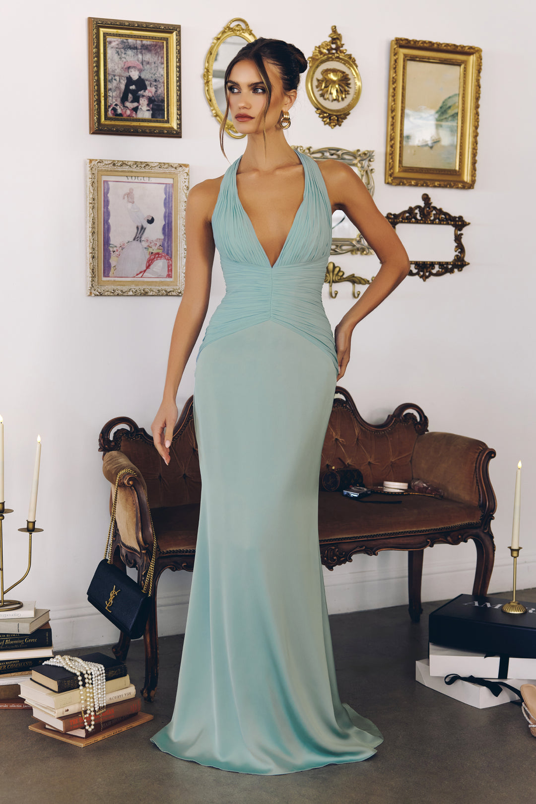 Amoris T720 Halter Satin Evening Gown with Fitted Silhouette