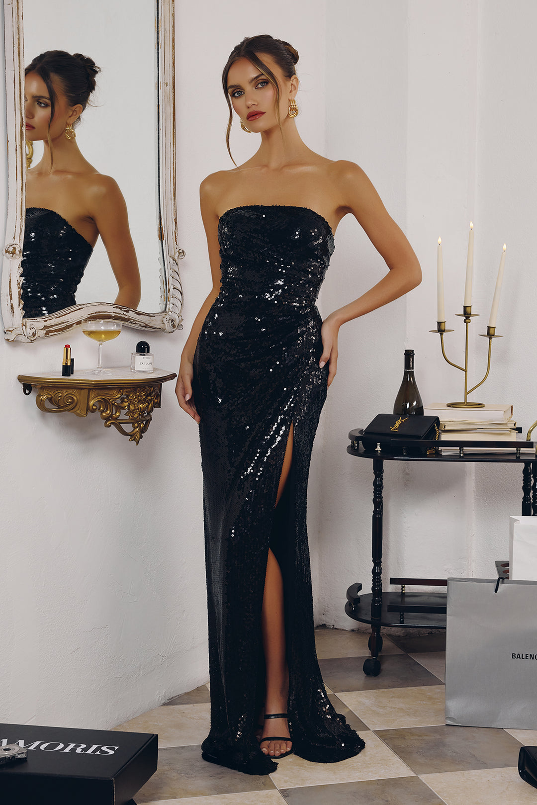 Amoris T724 Strapless Sequin Evening Gown with Fitted Silhouette