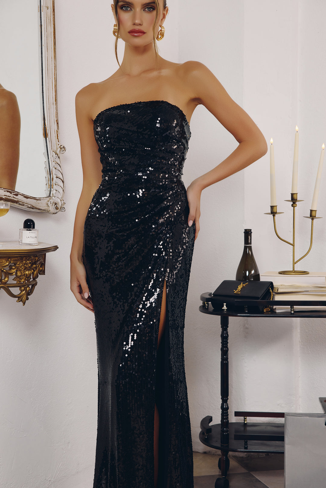 Amoris T724 Strapless Sequin Evening Gown with Fitted Silhouette