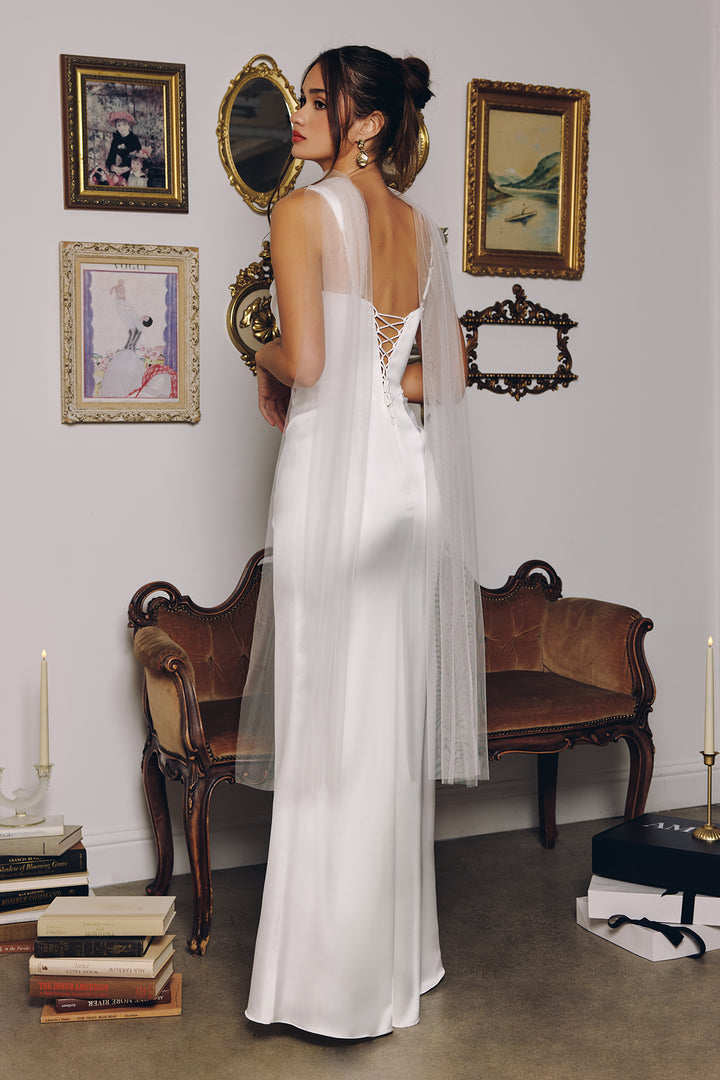 Amoris T729W Satin Square Rushed Wedding Gown