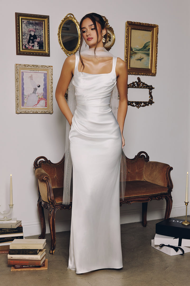 Amoris T729W Satin Square Rushed Wedding Gown