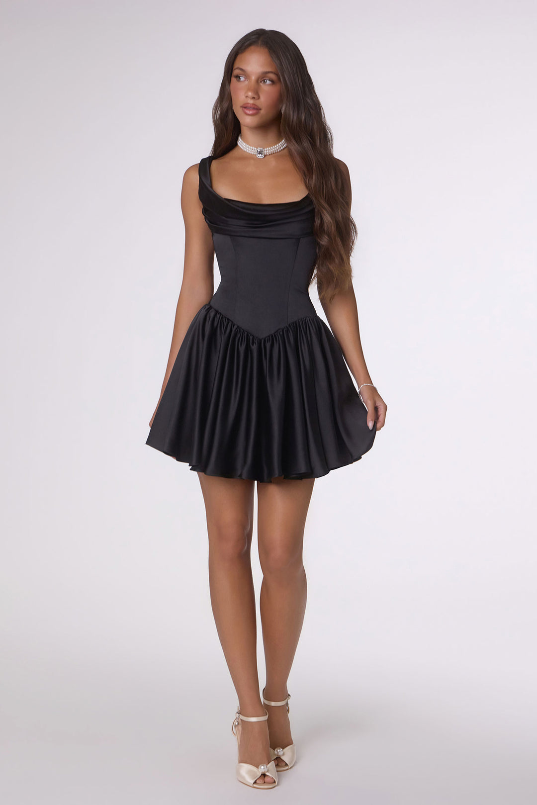 Amoris T735 Satin Mini Homecoming Dress with Draped Neckline