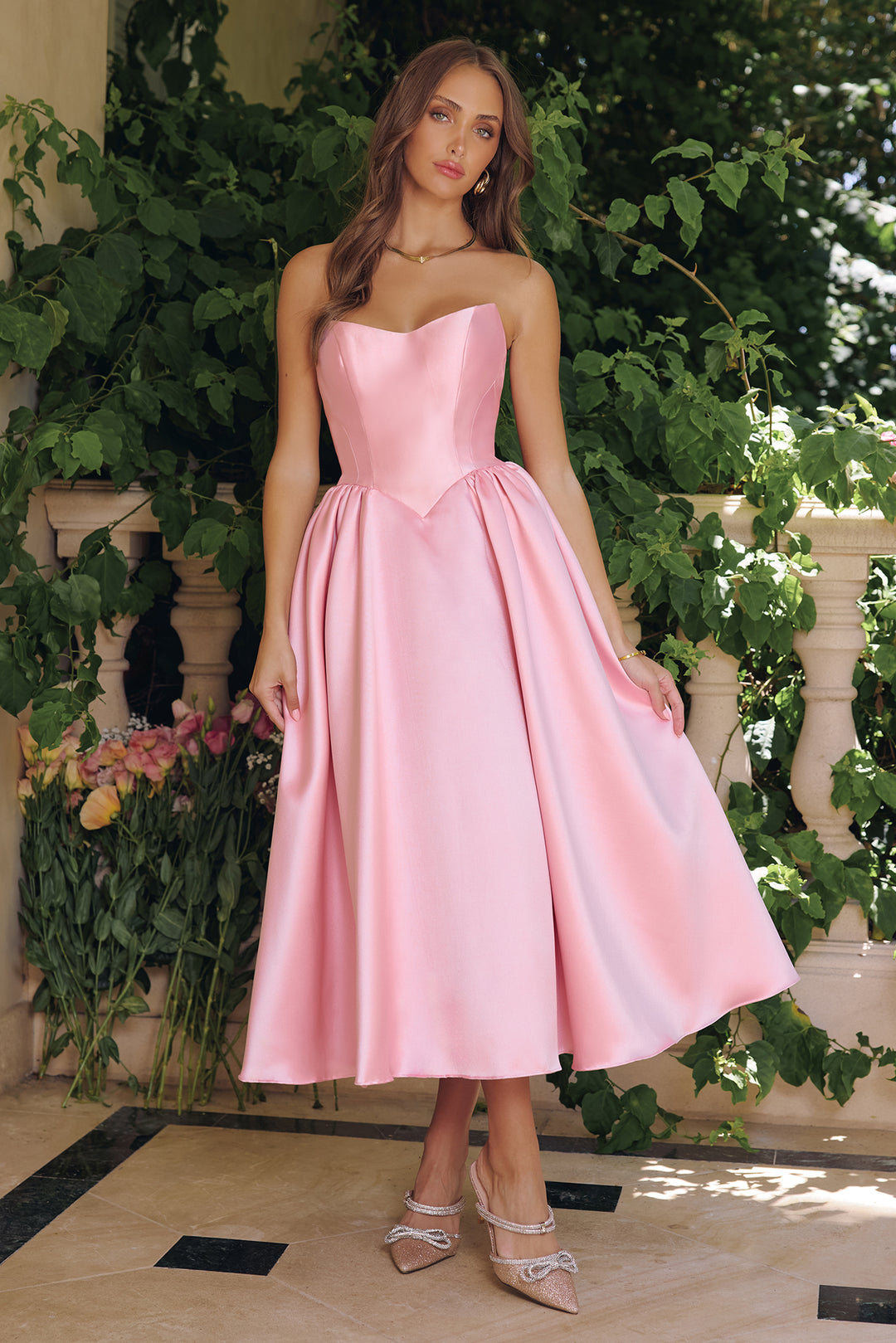 Amoris T822 Elegant Midi Evening Gown with Strapless Neckline