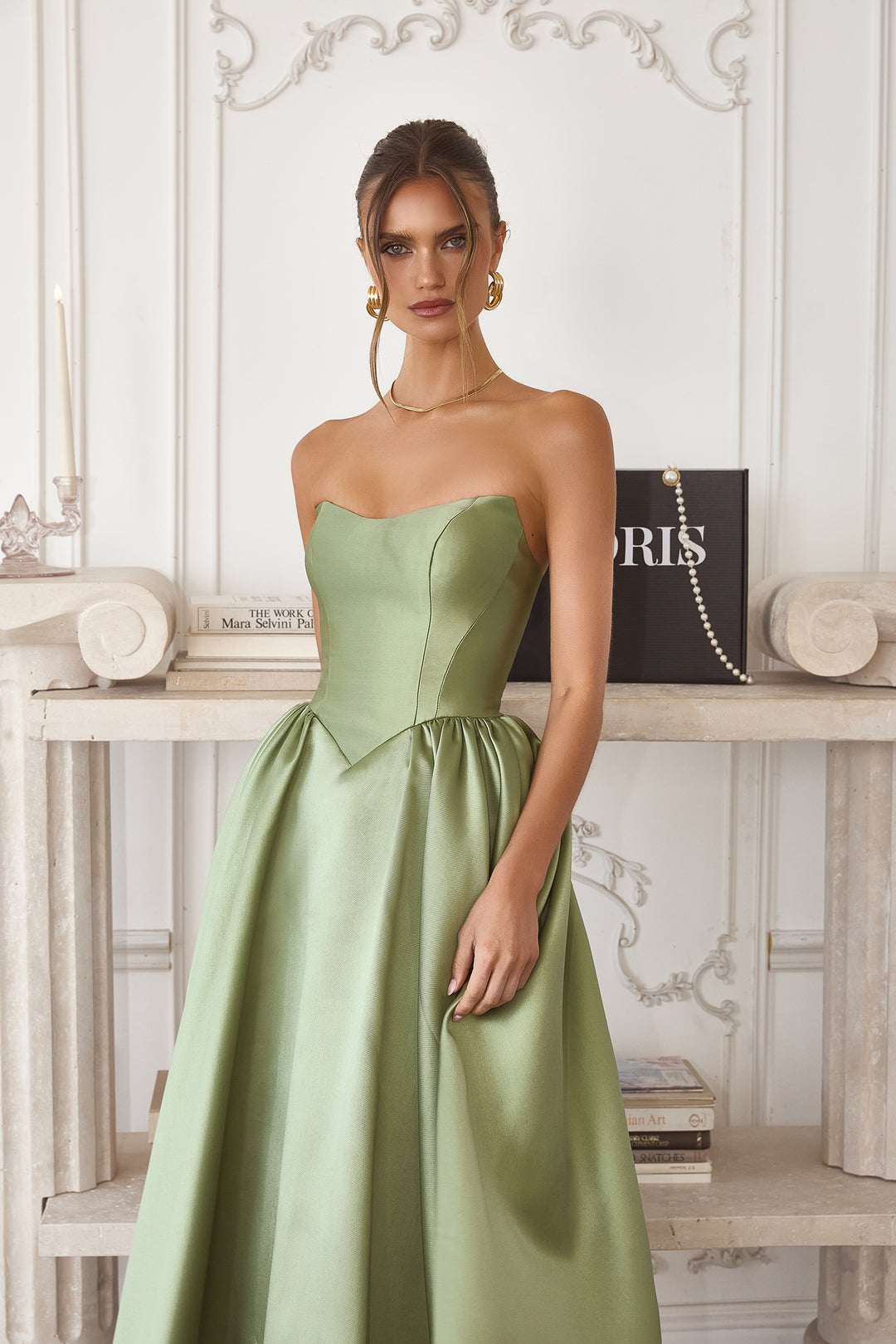 Amoris T822 Elegant Midi Evening Gown with Strapless Neckline