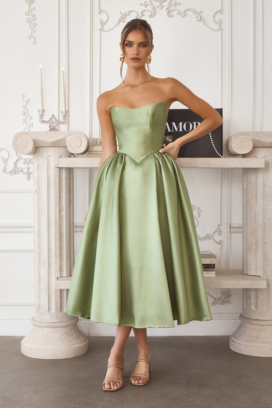 Amoris T822 Elegant Midi Evening Gown with Strapless Neckline