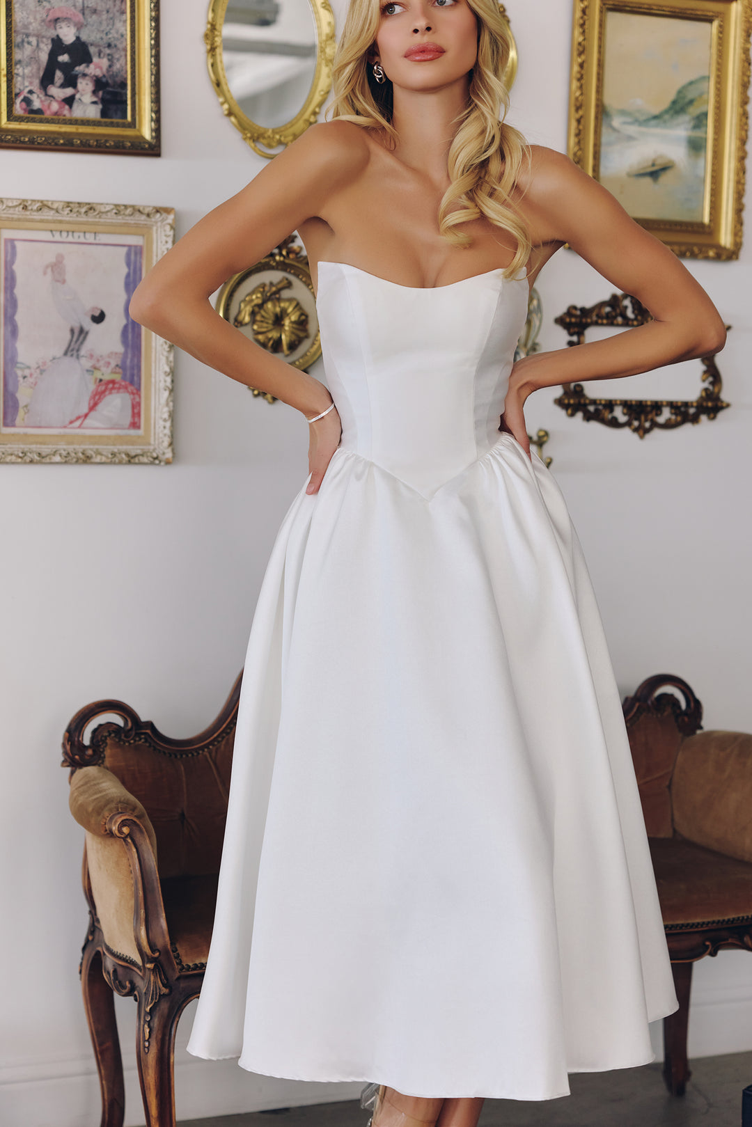 Amoris T822W Strapless Silhouette Midi Wedding Gown