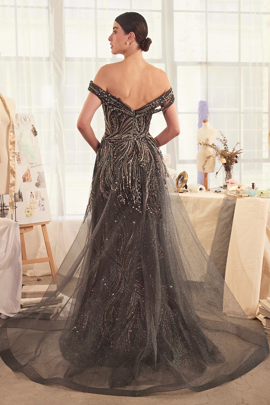 ANDREA & LEO A1375 Off The Shoulder Beaded Gown & Overskirt