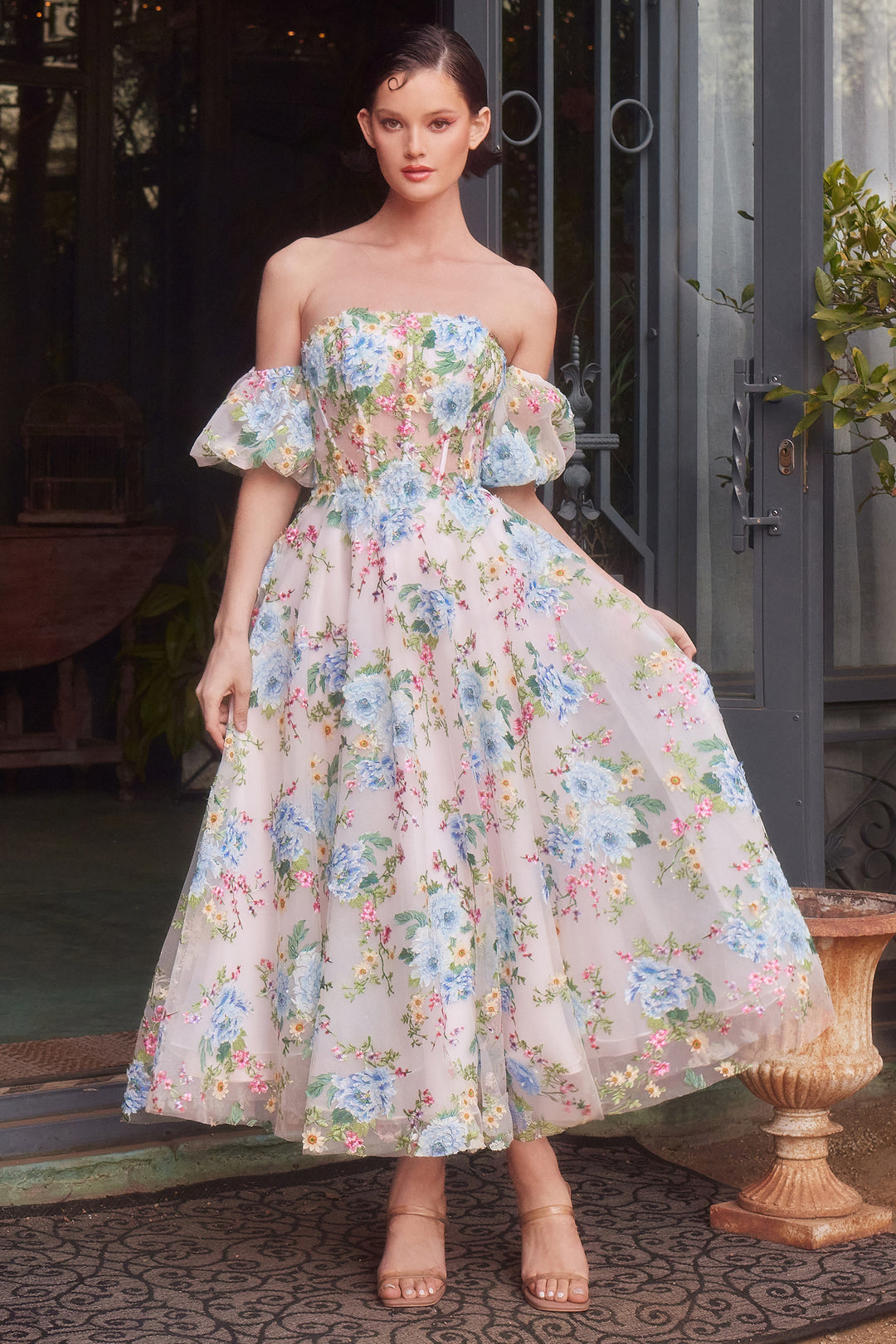 ANDREA & LEO A1406 Floral Print Strapless Tea Length A-Line Dress