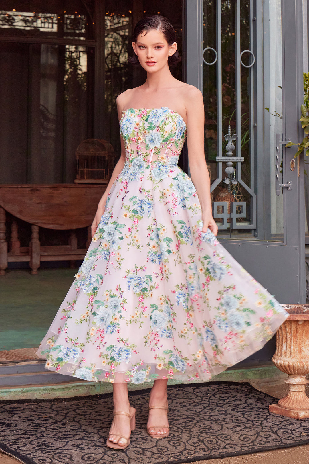 ANDREA & LEO A1406 Floral Print Strapless Tea Length A-Line Dress