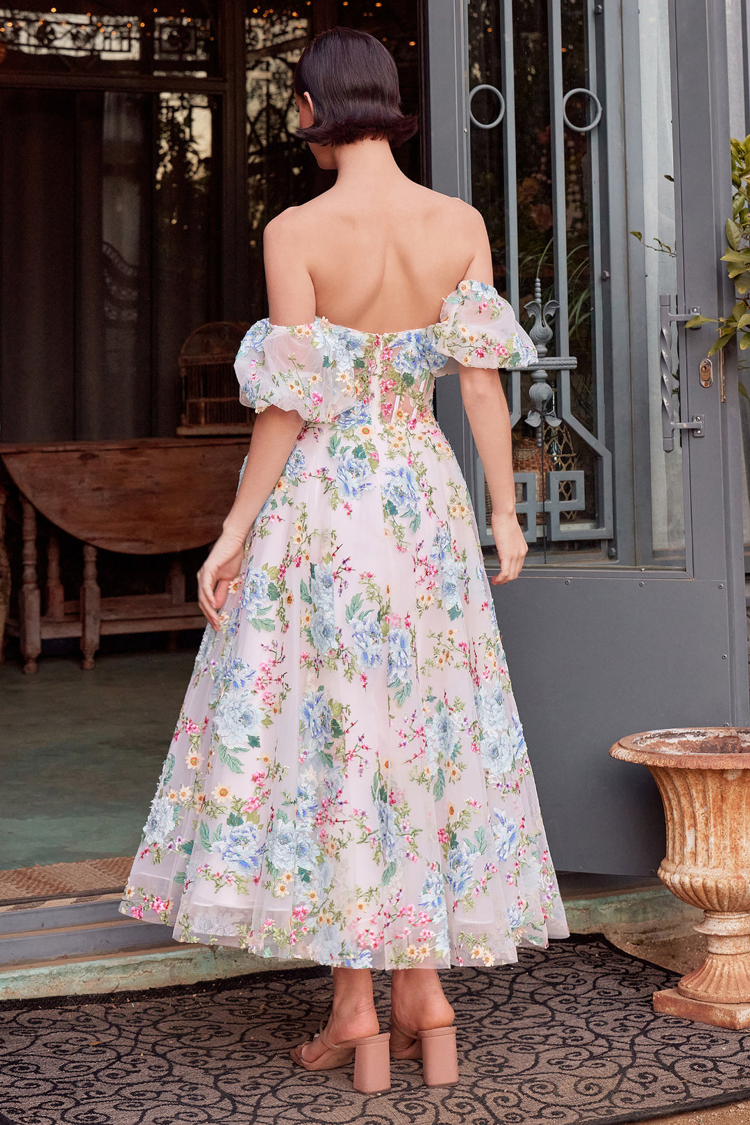 ANDREA & LEO A1406 Floral Print Strapless Tea Length A-Line Dress