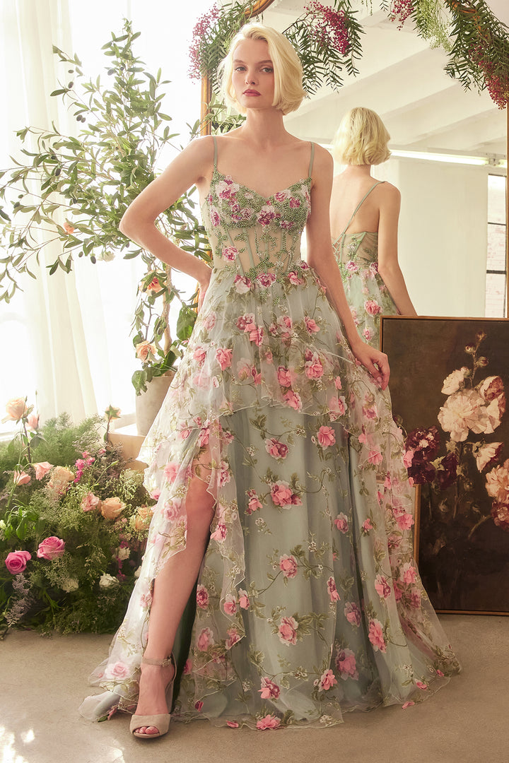 ANDREA & LEO A1420 Sage Floral Print Layered A-Line Dress The Gown Galleria ANDREA & LEO A1420 Sage Floral Print Layered A-Line Dress The Gown Galleria