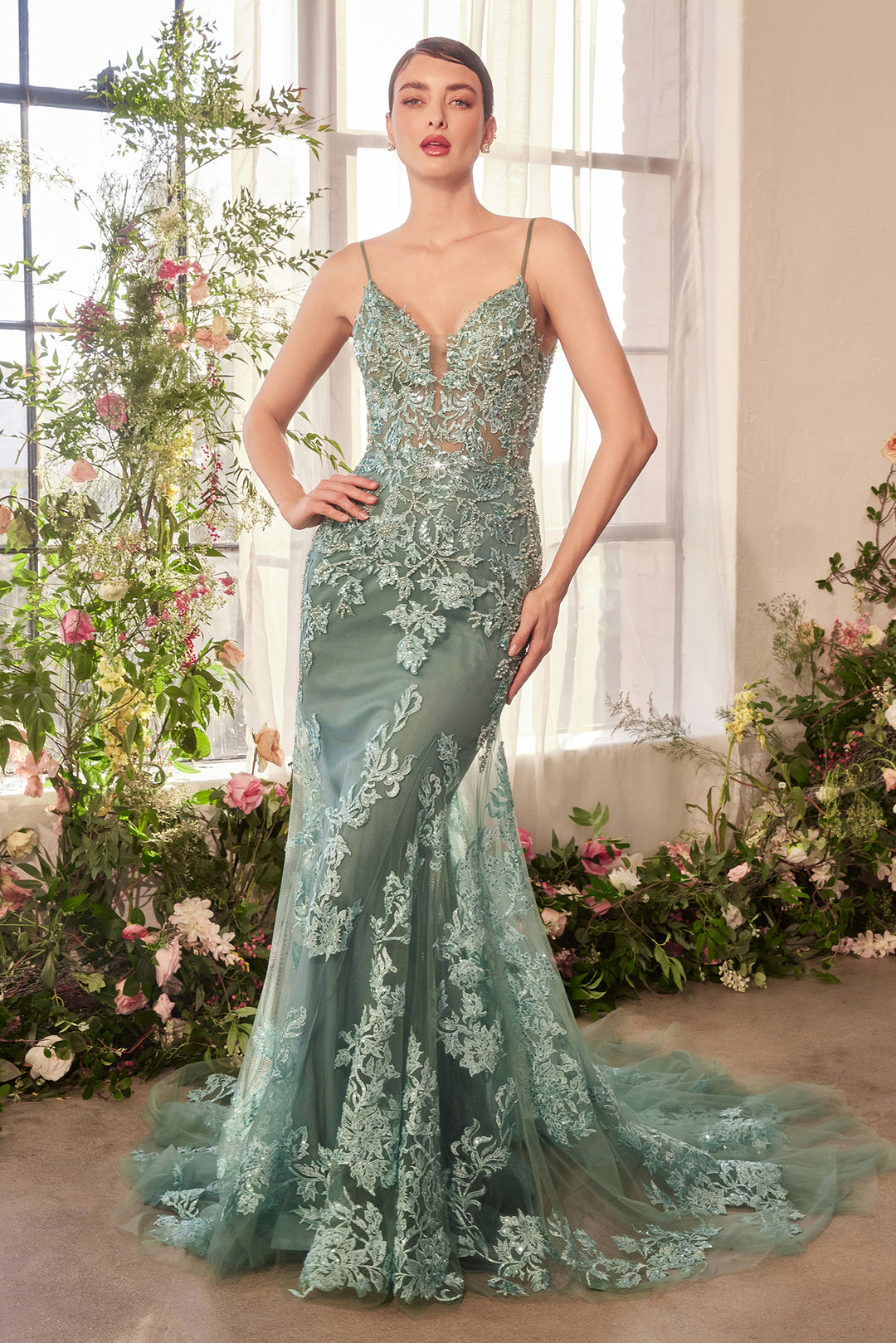 ANDREA & LEO A1421 Foliage Beaded Lace Mermaid Gown The Gown Galleria ANDREA & LEO A1421 Foliage Beaded Lace Mermaid Gown The Gown Galleria
