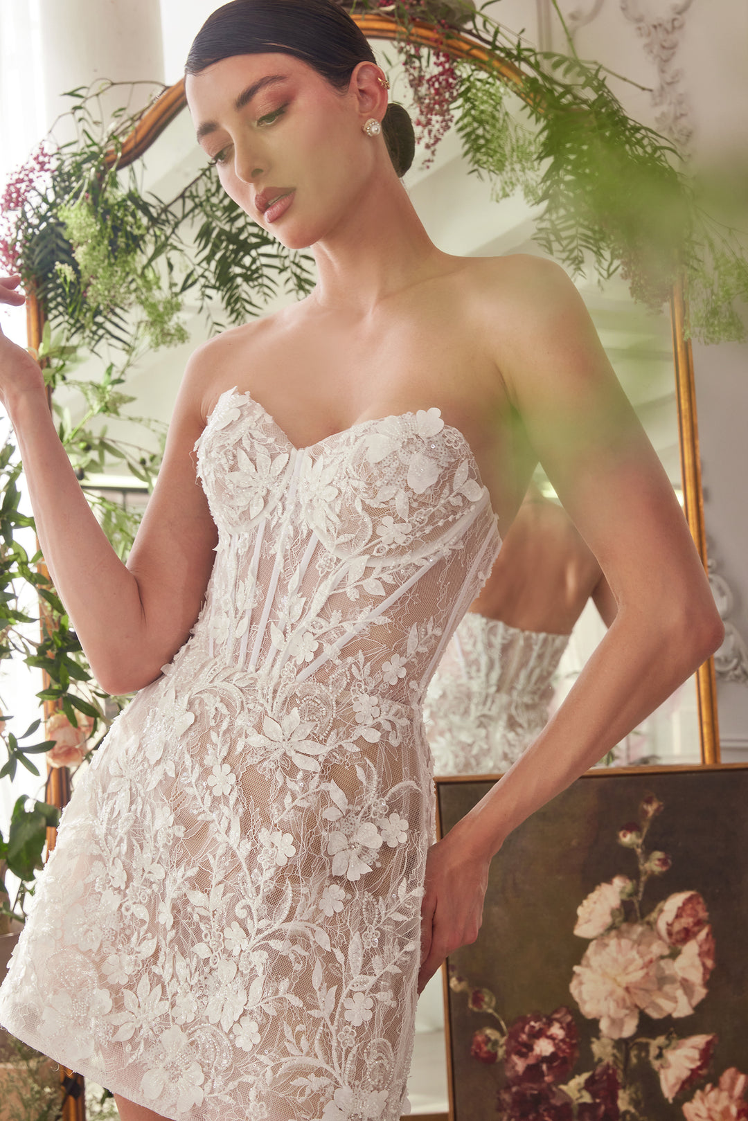 ANDREA & LEO WL084 Strapless Short Lace Midi Wedding Dress The Gown Galleria ANDREA & LEO WL084 Strapless Short Lace Midi Wedding Dress The Gown Galleria