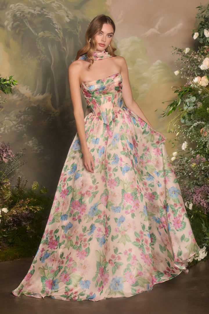 Andrea & Leo A1425 Floral Print Evening Gown with A-Line Silhouette