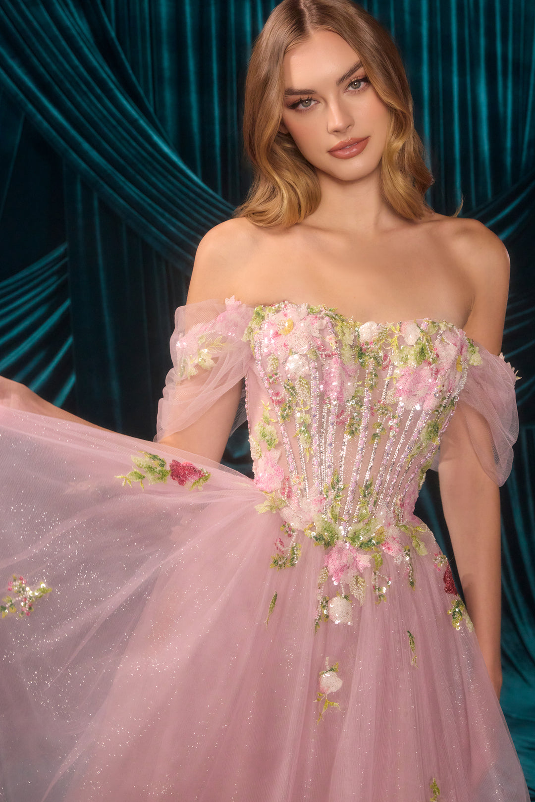 Andrea & Leo A1479 Off-the-Shoulder Evening Gown with Tulle