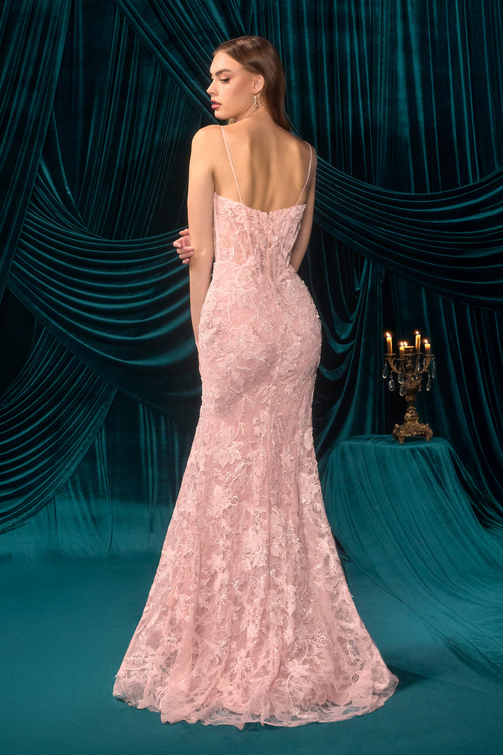 Andrea & Leo A1499 Fitted Lace Evening Gown with Thigh-High Slit