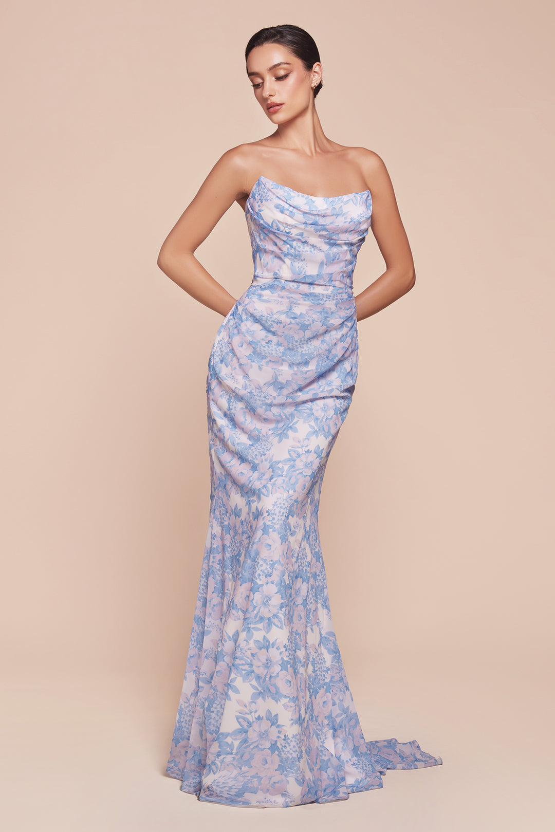 CINDERELLA DIVINE 7445 Strapless Floral Printed Soft Satin Dress