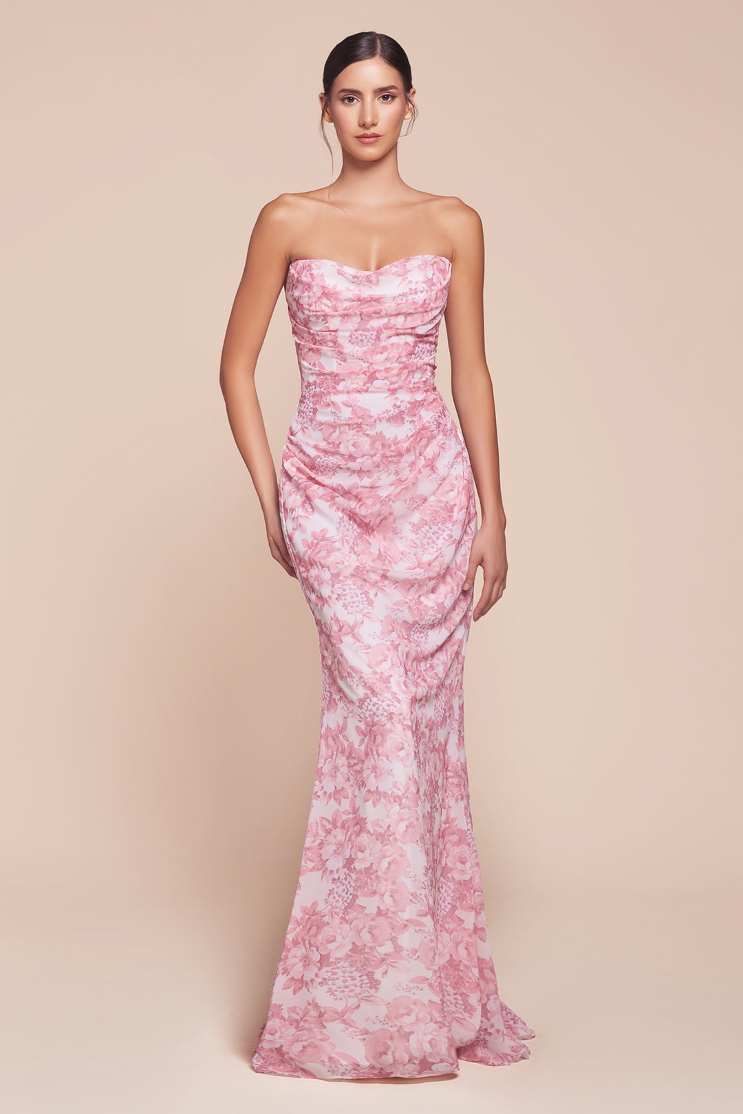 CINDERELLA DIVINE 7445 Strapless Floral Printed Soft Satin Dress