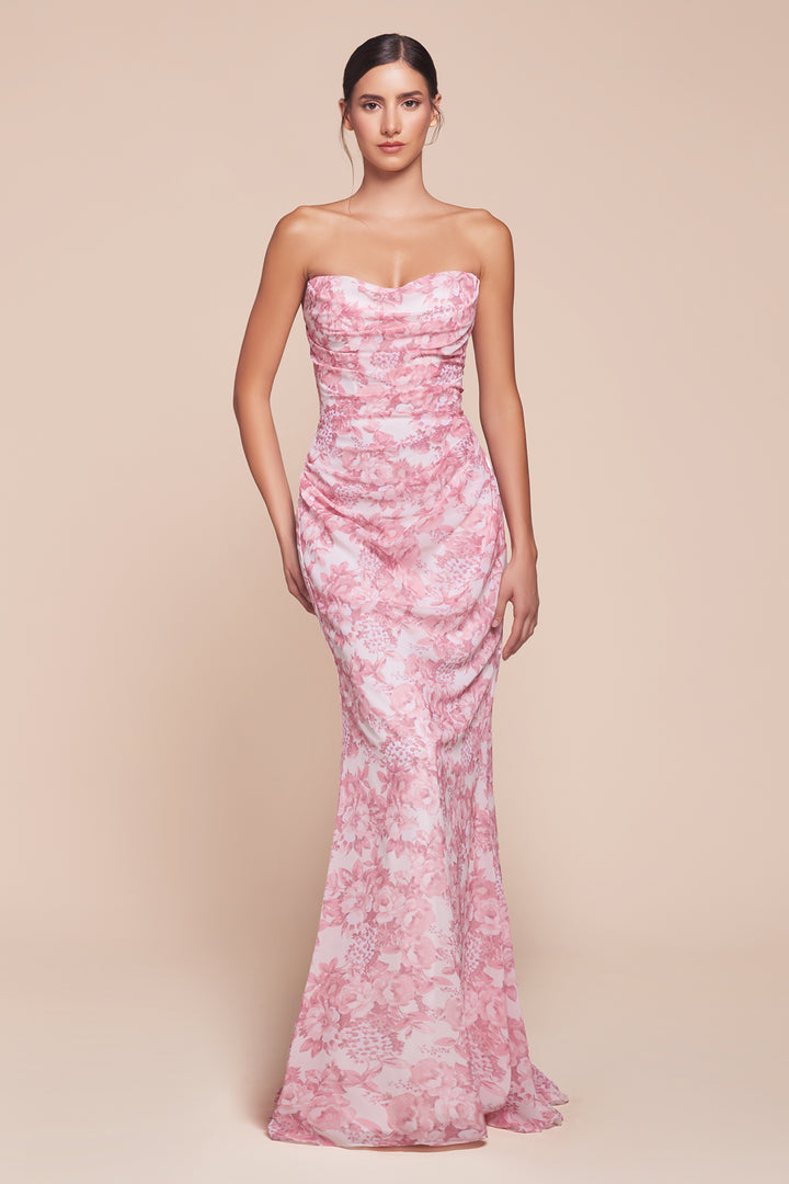 CINDERELLA DIVINE 7445 Strapless Floral Printed Soft Satin Dress