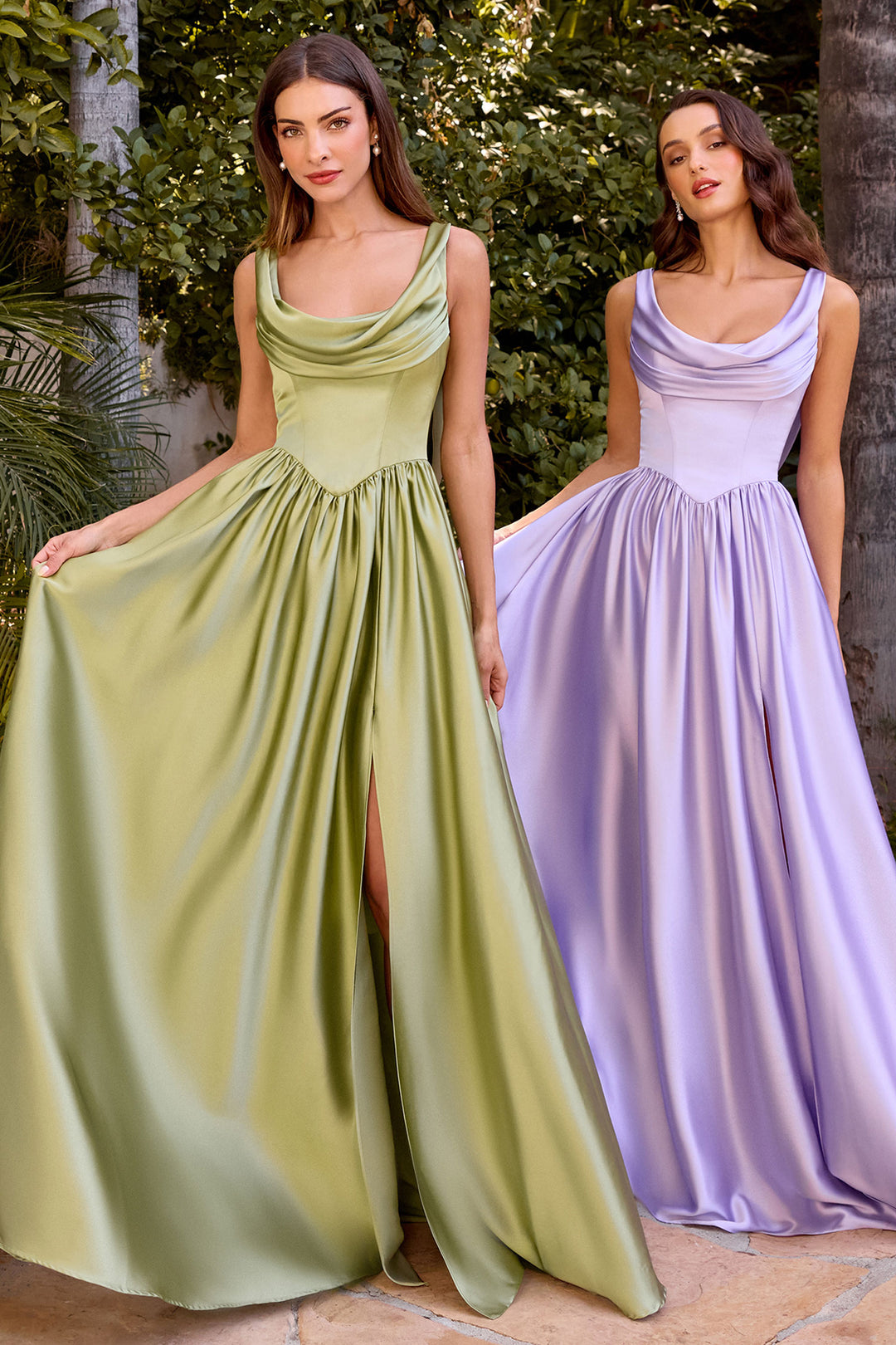 Cinderella Divine 7446 Satin A-Line Evening Gown with Cowl Neckline