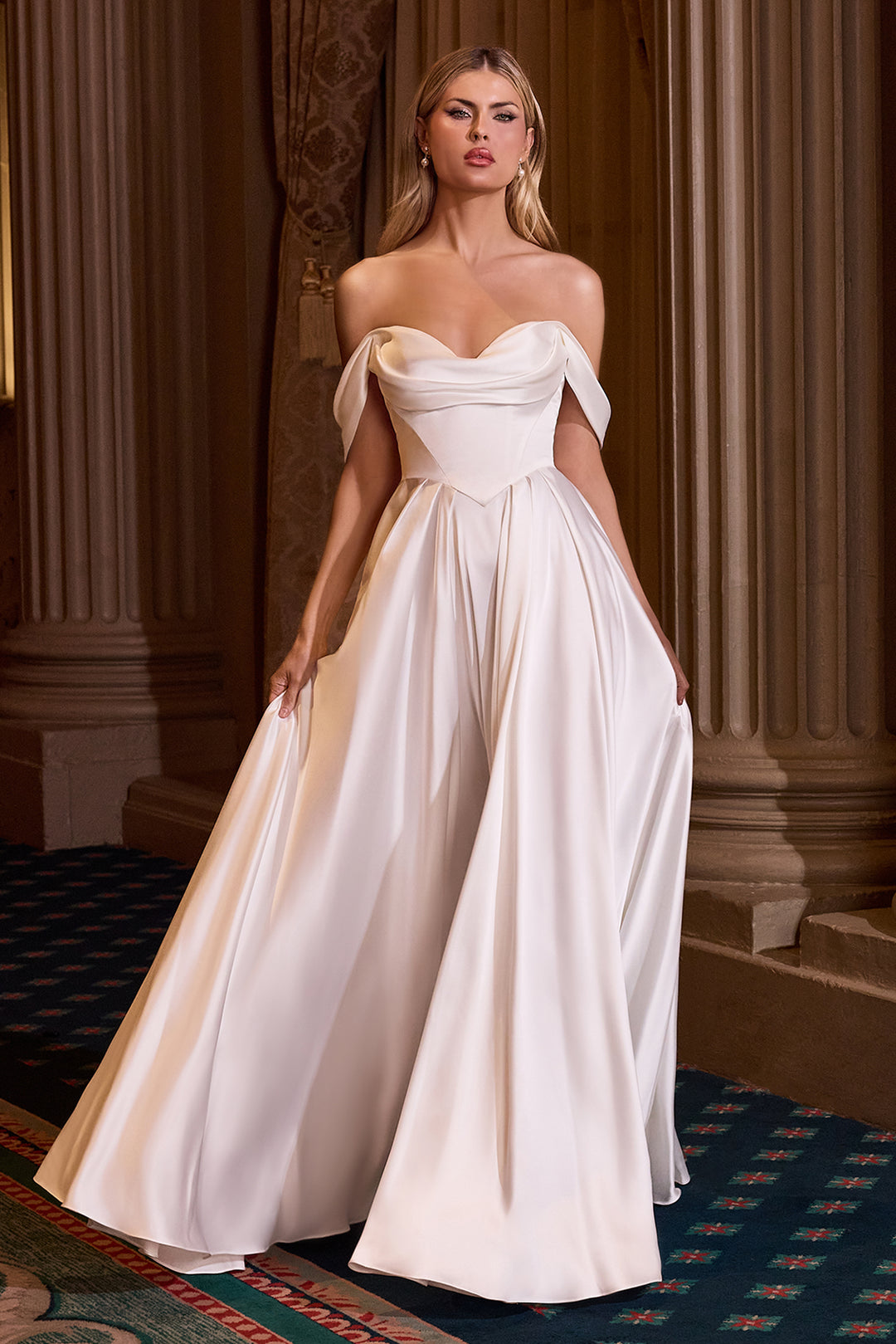 Cinderella Divine 7449W A-Line Evening Gown with Off-the-Shoulder Neck