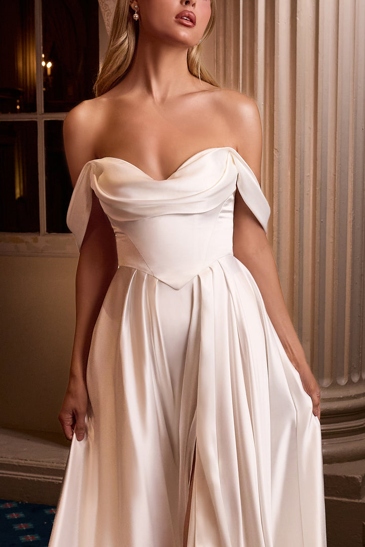Cinderella Divine 7449W A-Line Evening Gown with Off-the-Shoulder Neck