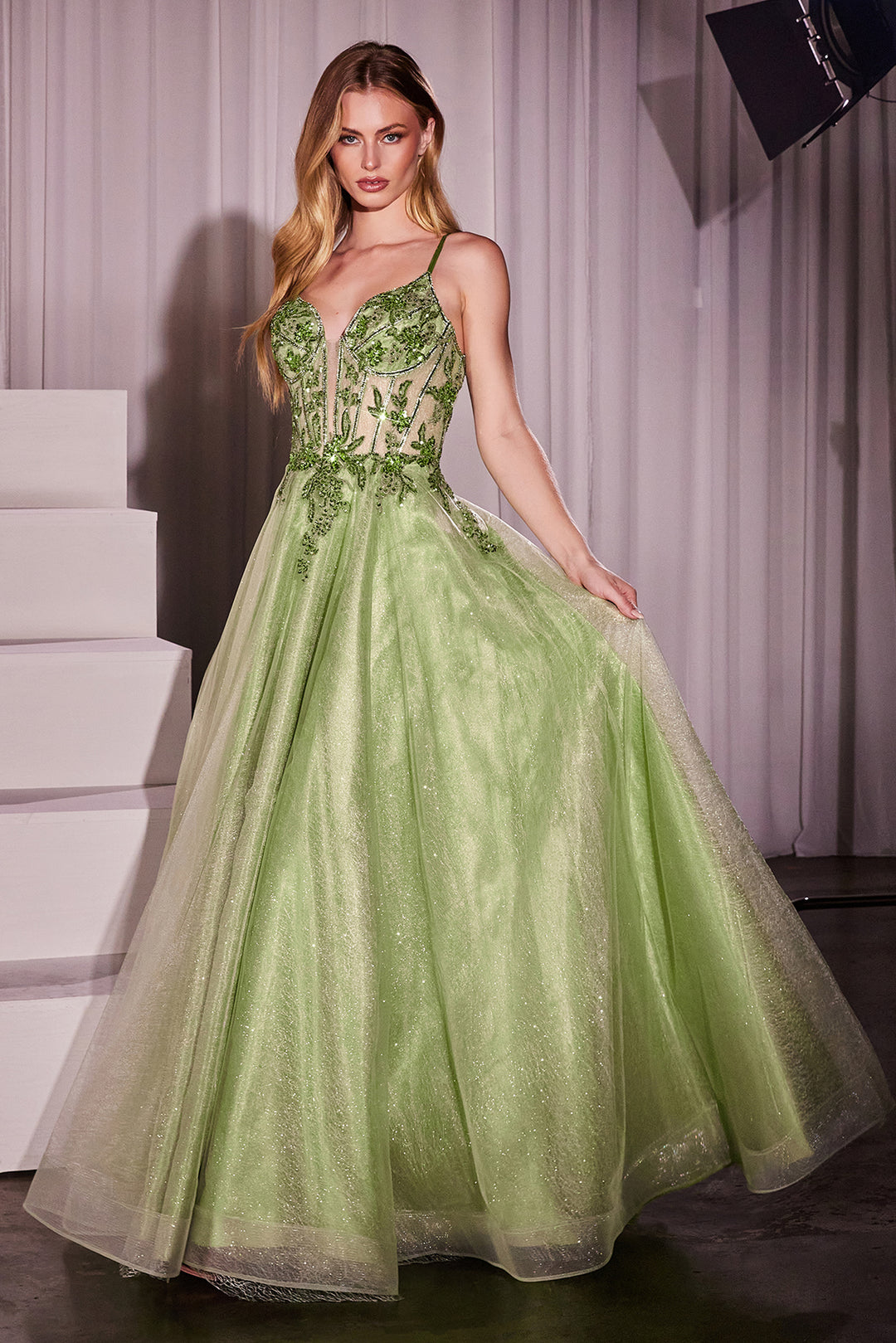 CINDERELLA DIVINE CC0881 A-Line Layered Tulle Gown & Lace Embellished Bodice CINDERELLA DIVINE CC0881 A-Line Layered Tulle Gown & Lace Embellished Bodice