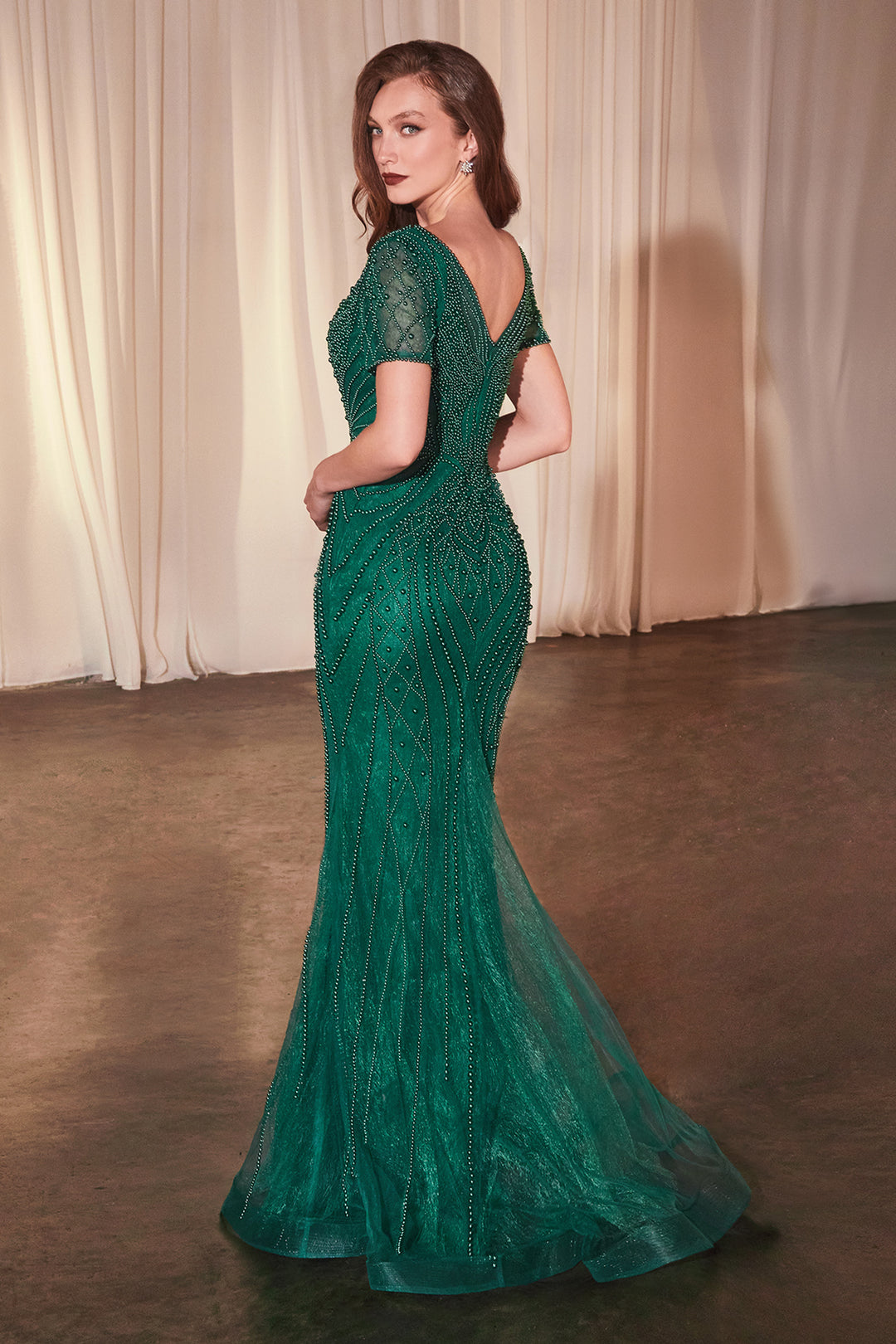 CINDERELLA DIVINE CC4019 Short Sleeve Beaded Fit & Flare Gown The Gown Galleria CINDERELLA DIVINE CC4019 Short Sleeve Beaded Fit & Flare Gown The Gown Galleria