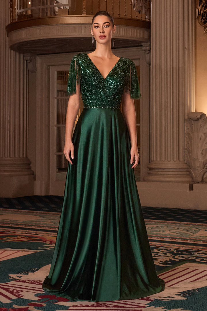 Cinderella Divine CC447 A-Line Evening Gown with V-Neckline