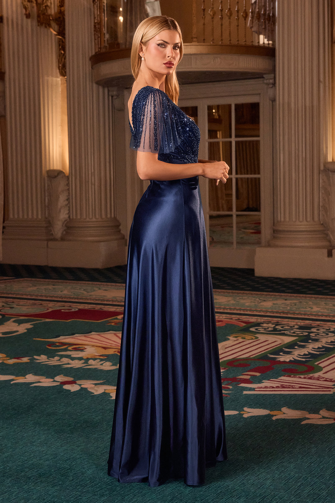 Cinderella Divine CC447 A-Line Evening Gown with V-Neckline