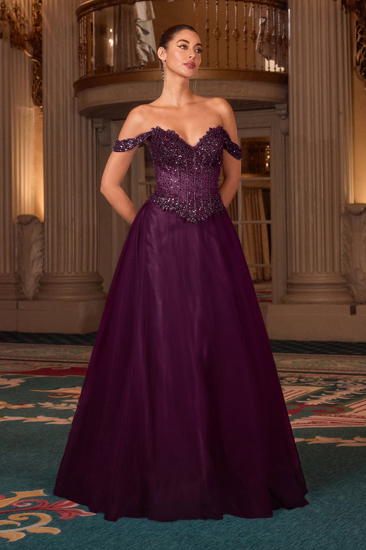 Cinderella Divine CC471 A-Line Evening Gown with Off-Shoulder Neckline