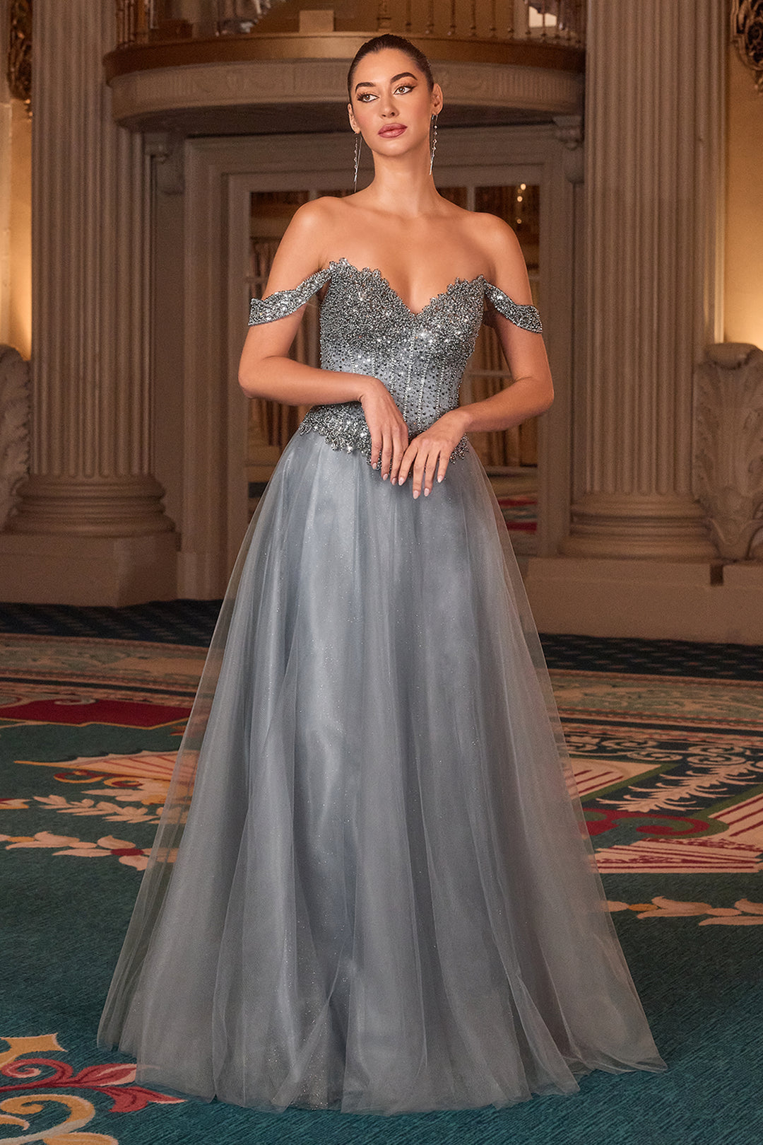 Cinderella Divine CC471 A-Line Evening Gown with Off-Shoulder Neckline