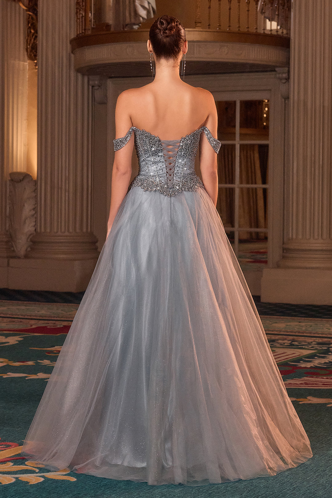 Cinderella Divine CC471 A-Line Evening Gown with Off-Shoulder Neckline