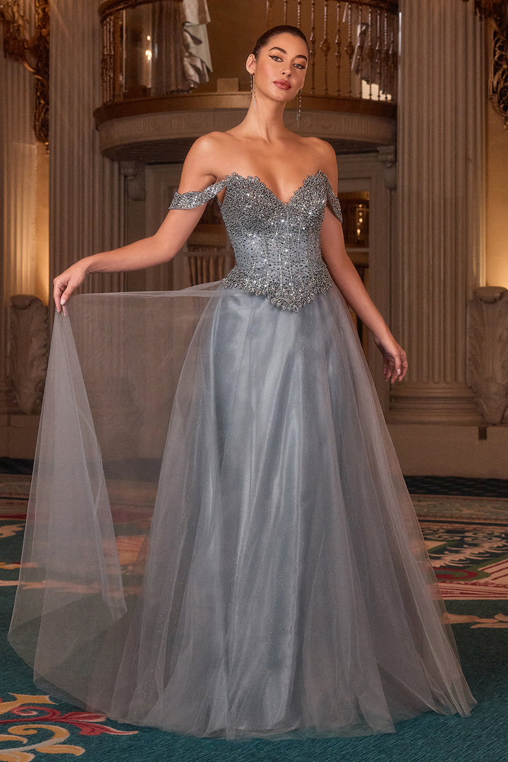 Cinderella Divine CC471 A-Line Evening Gown with Off-Shoulder Neckline